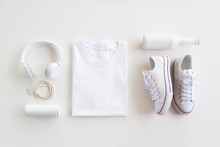 Blank Stuff On White Background. Template For Design Presentations. Branding Mock-Up. Shirt, Sneakers, Headphones, Bottle.