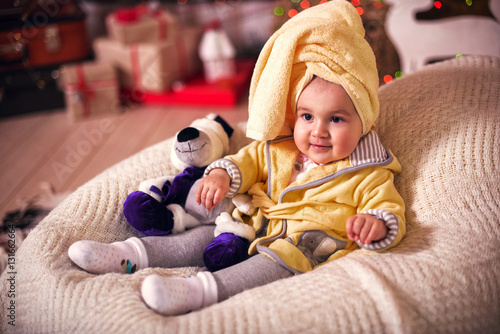 Child After Bath Cute Little Girl With Wet Curly Hair Wearing A