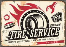Vintage Tin Sign For Tire Service With Tire Drawing And Speed Flames