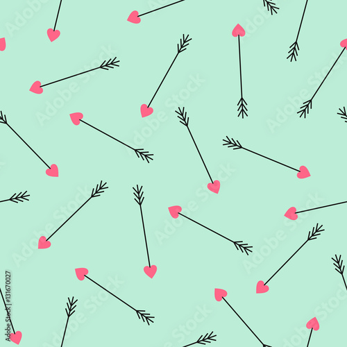 Cotton fabric Cupid's arrows seamless pattern on mint green background. Cute arrows background for Valentine's Day