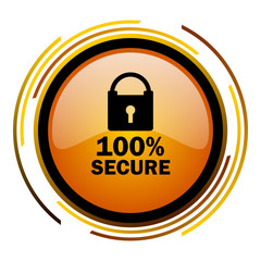 Poster - 100 percent secure sign vector icon. Modern design round orange button isolated on white square background for web and application designers in eps10.