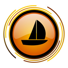 Poster - Sail boat vector icon. Modern design round orange button isolated on white background for web and applications in eps10.