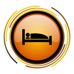 Poster - Sleep bed hotel vector icon. Modern design round orange button isolated on white background for web and applications in eps10.