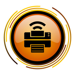 Poster - Wi Fi printer vector icon. Modern design round orange button isolated on white background for web and applications in eps10.