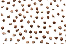 Scattering Of Tasty Chocolate Chips On White Background