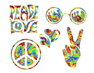 hippie symbols two fingers as a sign of victory, a sign of Pacific and letterin love and peace. In the style of the '60s,' 70s.