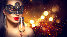 Sexy Model Woman With Glass Of Champagne Wearing Venetian Masquerade Mask