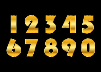 Wall Mural - Gold numbers set. Golden metallic font, isolated on black background. Beautiful typography metal design for decoration. Symbol elegance royal graphic. Modern fashion signs. Vector illustration