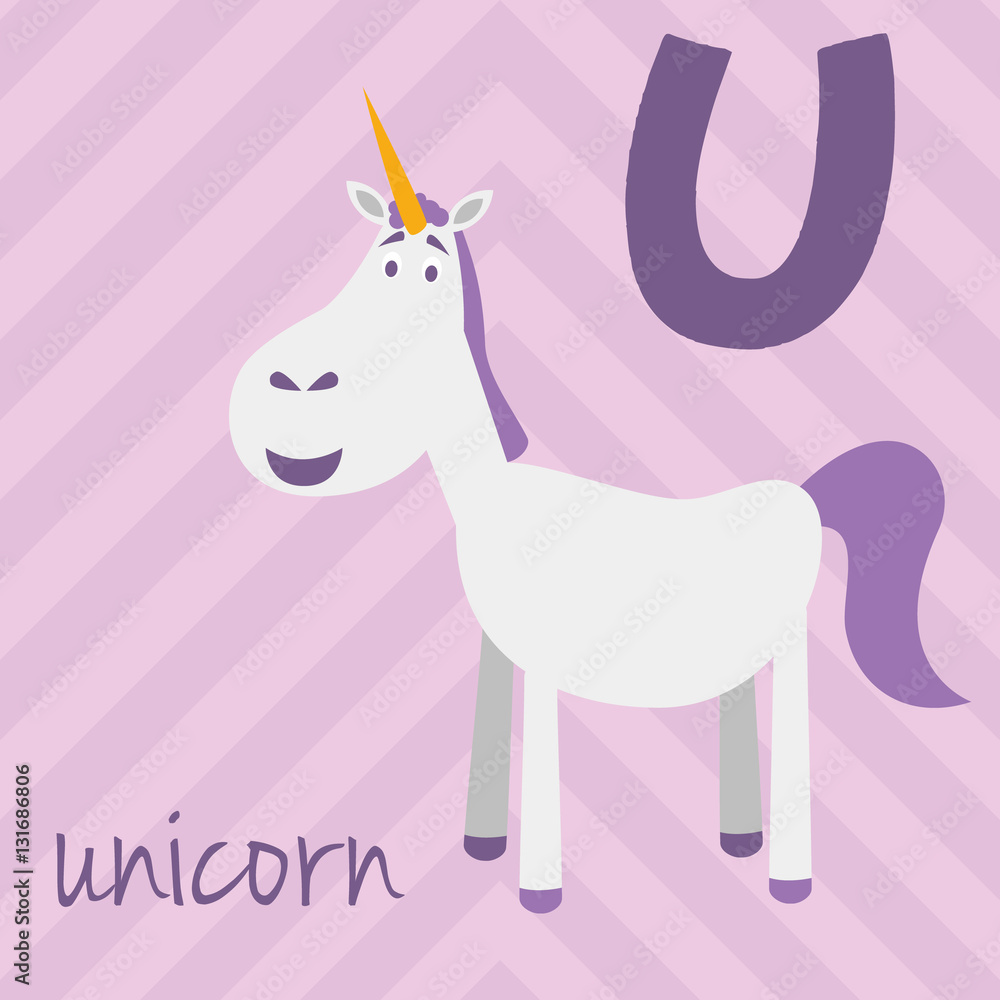Cute cartoon zoo illustrated alphabet with funny animals: U for Unicorn ...