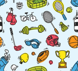 Wall Mural - Cartoon sport equipment seamless background