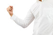 © shark749 - Business man wearing white shirt raising right fist up with cheerful on white background with clipping path