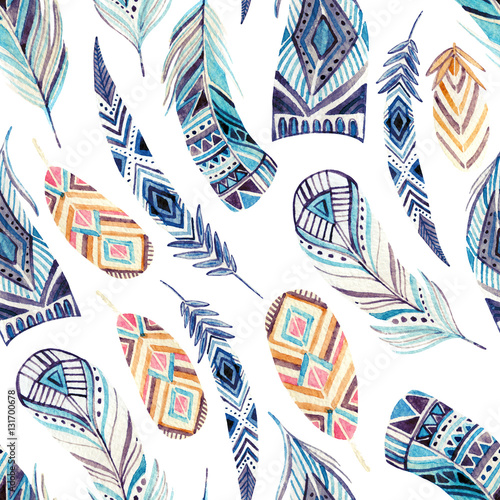 Nowoczesny obraz na płótnie Watercolor ethnic feathers seamless pattern