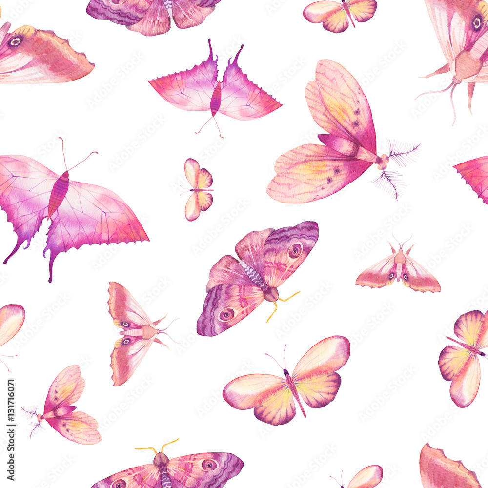 Watercolor butterfly seamless pattern. Hand drawn summer texture with ...