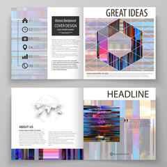 Business templates for square design bi fold brochure, magazine, flyer. Leaflet cover, abstract vector layout. Glitched background made of colorful pixel mosaic. Digital decay. Trendy glitch backdrop.