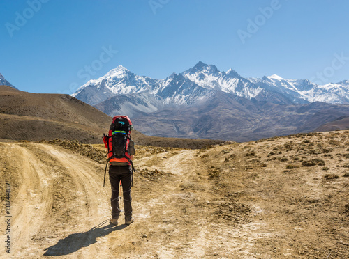 Lonely trekker on a crossroad of two roads towards mountains. Poster