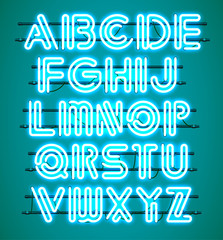Wall Mural - glowing blue neon alphabet with letters from a to z. shining and glowing neon effect. every letter i