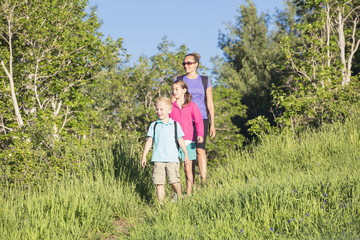 Wall Mural - A front view of a young family hiking together in a beautiful mountain meadow trail. Lots of copy space. Full length photo