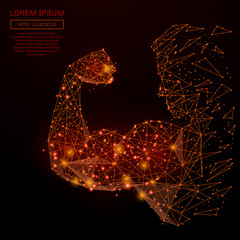 Poster - Abstract mash line and point Biceps in flames on dark background with an inscription. Business Strength and power of a starry sky or space consisting of stars and the universe. Vector illustration