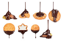 Cookies Poured Chocolate On White Background