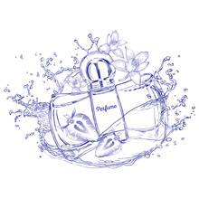 Perfume For Women With Light Notes Of Vanilla And Strawberry. The Perfume Bottle Shown In The Spray Liquid. Pencil Sketch. Vector Illustration. The Trendy Print Of The Perfume Bottle. 
