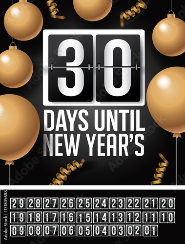 Poster Countdown to Happy New Year design with gold ornaments, balloons and streamers and flip numbers