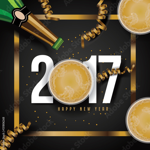 Poster Golden Happy New Yea design with gold ornaments, balloons and streamers and layered type