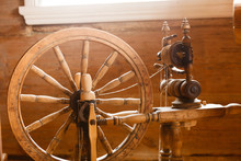 Oldfashioned Wooden Distaff, Spindle, Spinning Wheel