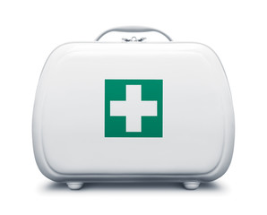 first aid kit with green cross logo on white background, frontal view
