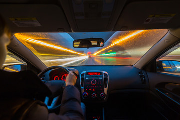 Canvas Print - Night road view from inside car