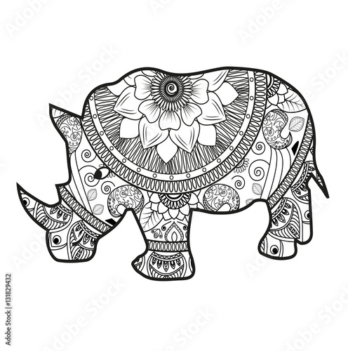 Vector illustration of a black and white rhinoceros mandala for