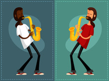Funny Cartoon Guys Playing Saxophone