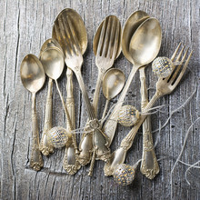 Vintage Old Cupronickel Cutlery With Christmas  Garland Of Silver Balls , Horizontal