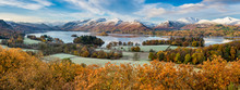 Beautiful View Of Derwentwater In The English Lake District On A Frosty Autumn Morning With Snow On The Fells.