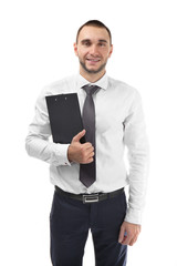 Poster - Young business coach with clipboard standing on white background