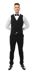 Canvas Print - Handsome young waiter on white background