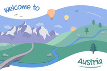 Illustration For Austria Tourism – A Landscape With Hot Air Balloons Flying Over Mountains, In The Style Of A Retro Postcard Or Poster.