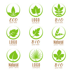 Wall Mural - Nature logo set or ecology labels with green leaves isolated on white background.