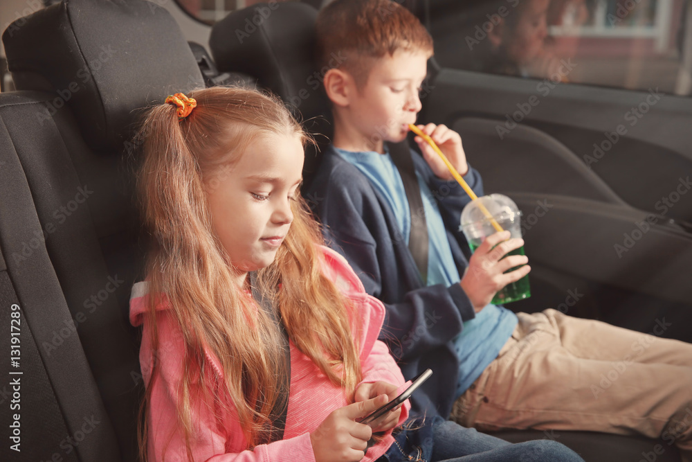 Little boy and girl sitting in a car