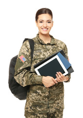 Wall Mural - Pretty female cadet of military school on white background