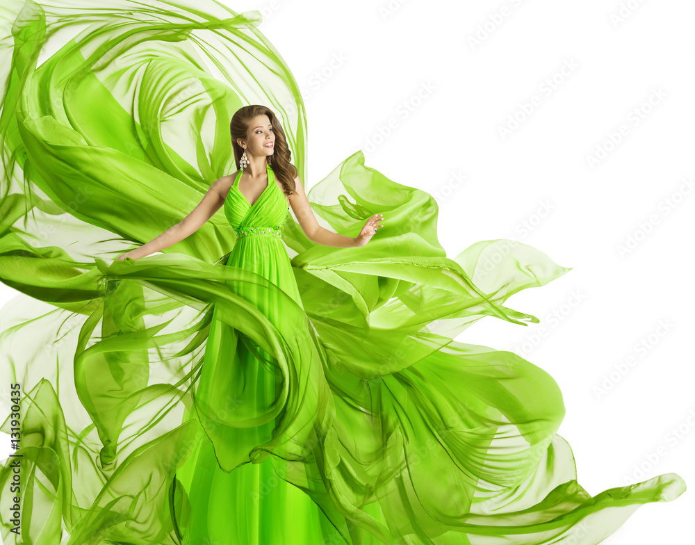 Fashion Woman Flying Dress, Model in Green Gown Waving Fabric, Flowing  Chiffon Cloth Isolated over White Stock Photo | Adobe Stock