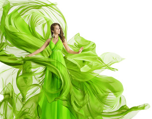 Fashion Woman Flying Dress, Model in Green Gown Waving Fabric, Flowing Chiffon Cloth Isolated over White