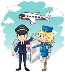 Wall Mural - Pilot and flight attendant with airplane in background