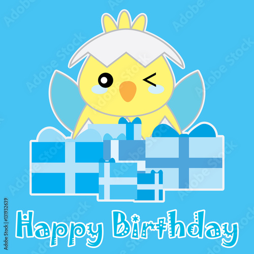 Birthday Illustration With Cute Blue Baby Chick On Blue Background