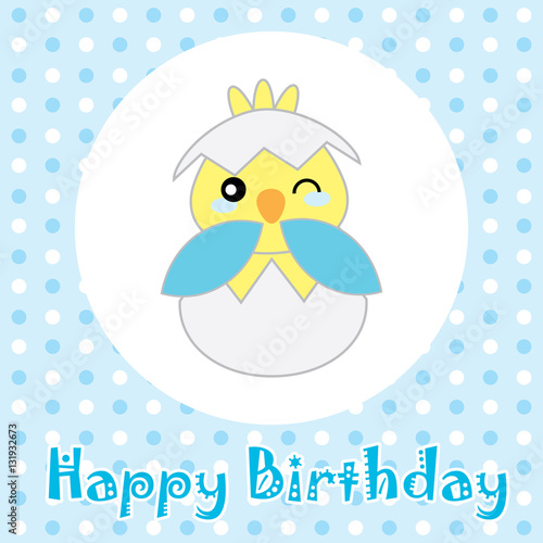 Birthday Illustration With Cute Blue Baby Chick On Polka Dot