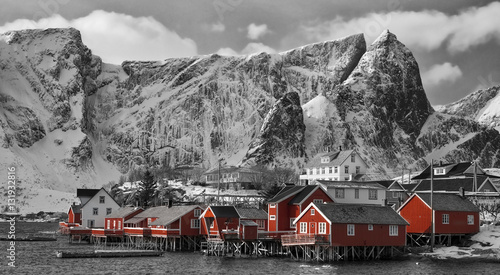 Fototapeta na wymiar Reine Lofoten Norwegen Panorama sw col.