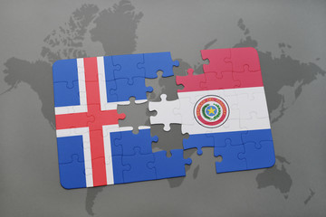 puzzle with the national flag of iceland and paraguay on a world map