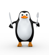 3d Penguin Holding Knife And Fork
