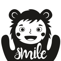 Wall Mural - Funny vector illustration with cute child in bear costume and word - smile.