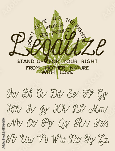 vintage thin line grunge calligraphy font with a marijuana leaf label ...