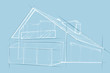 Dom mieszkalny wolnostojący. Szkic architektoniczny budynku na jasno niebieskim tle.
